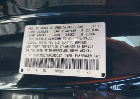 2010 Honda Accord 2.4 Ex z USA, uszkodzony, nr VIN 1HGCP2E77AA085037